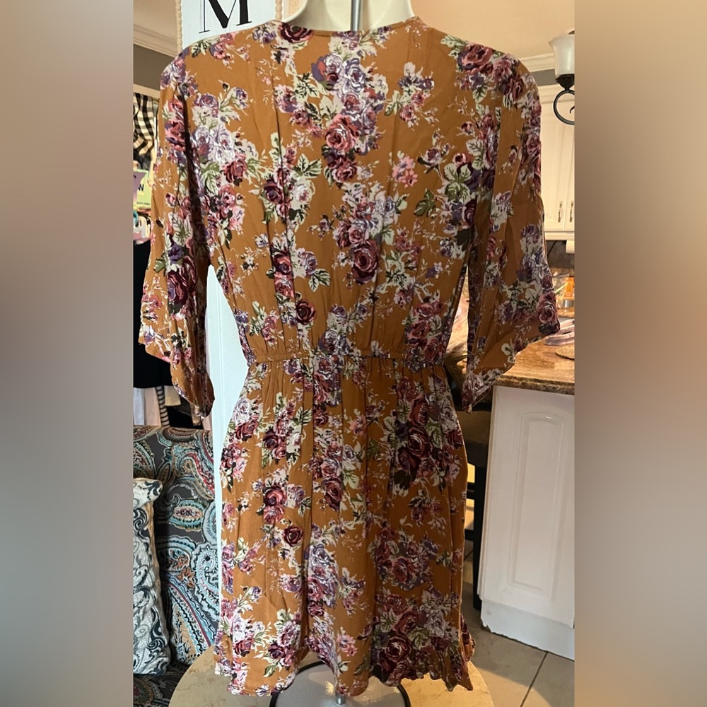 Xhilaration Mustard Floral Wrap Midi Dress with Rose Accents - Picture 3 of 4